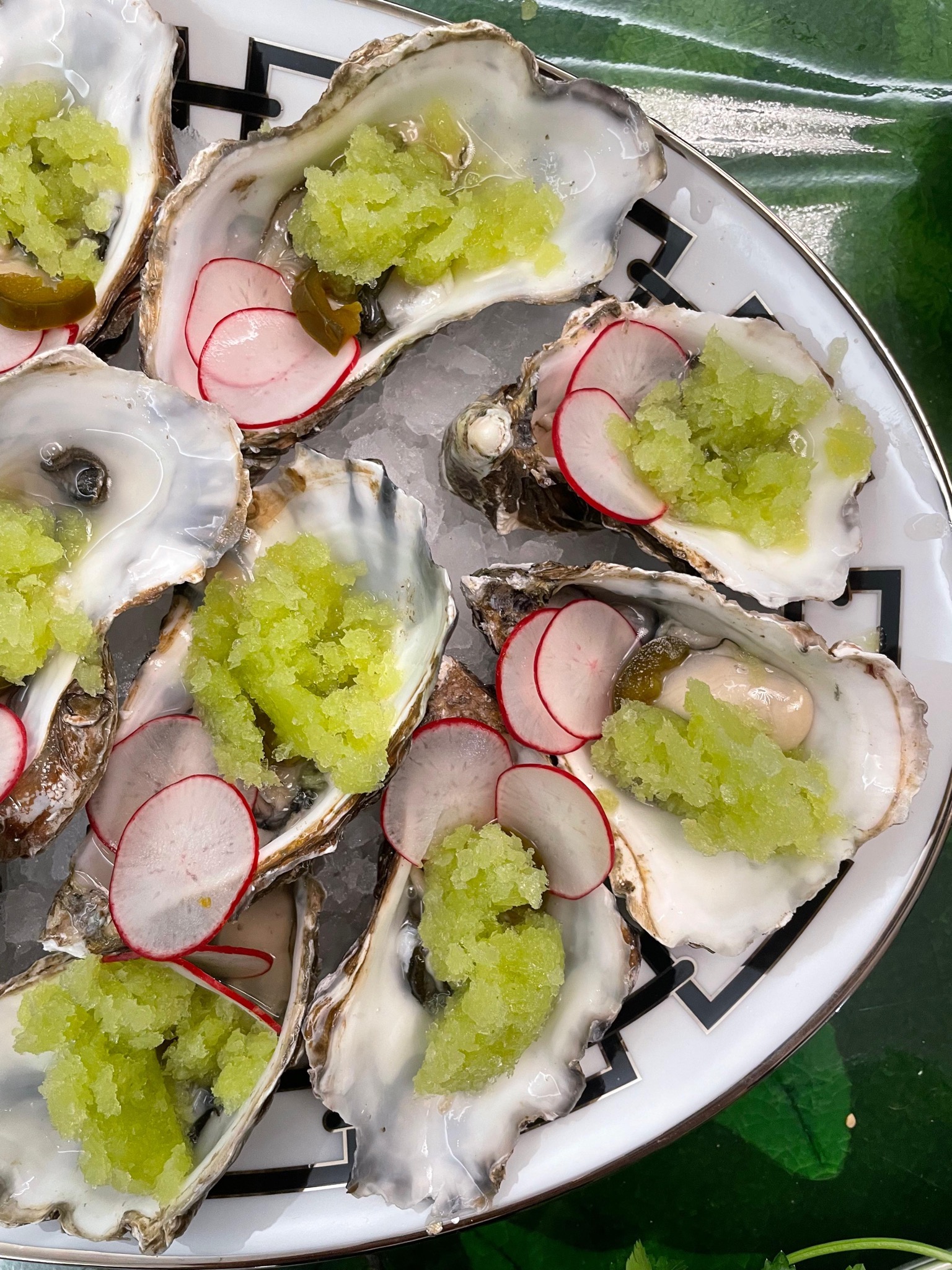 Oysters with cucumber granita and radish