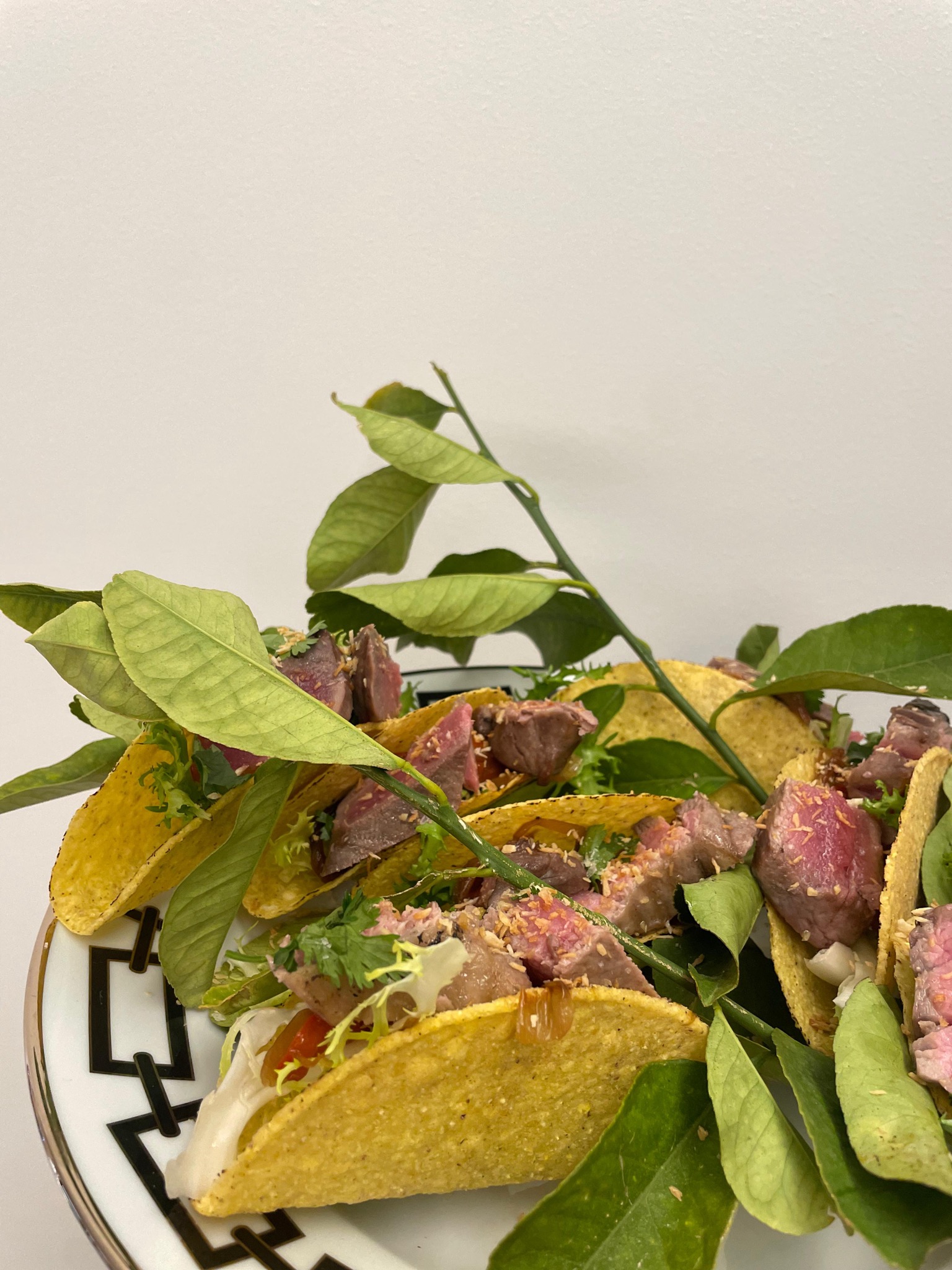 Beef involtini with fresh herbs and lemon leaves
